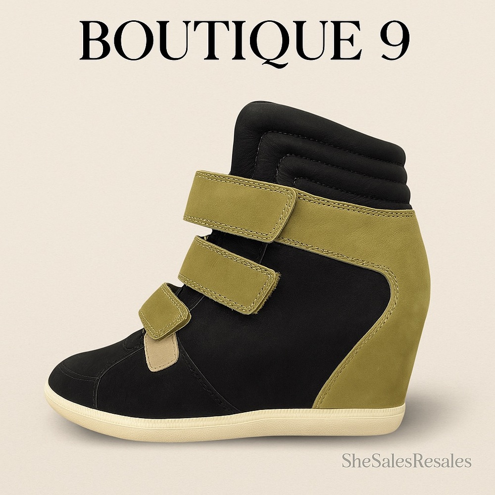 Boutique 9 Black Olive Green Leather Velcro Wedge Sneakers Women’s 8.5 M